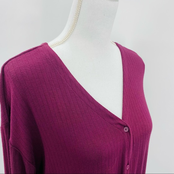 14th & Union Long Sleeve Top Ribbed Burgundy Fig Button Tie Front Medium P - Picture 6 of 9
